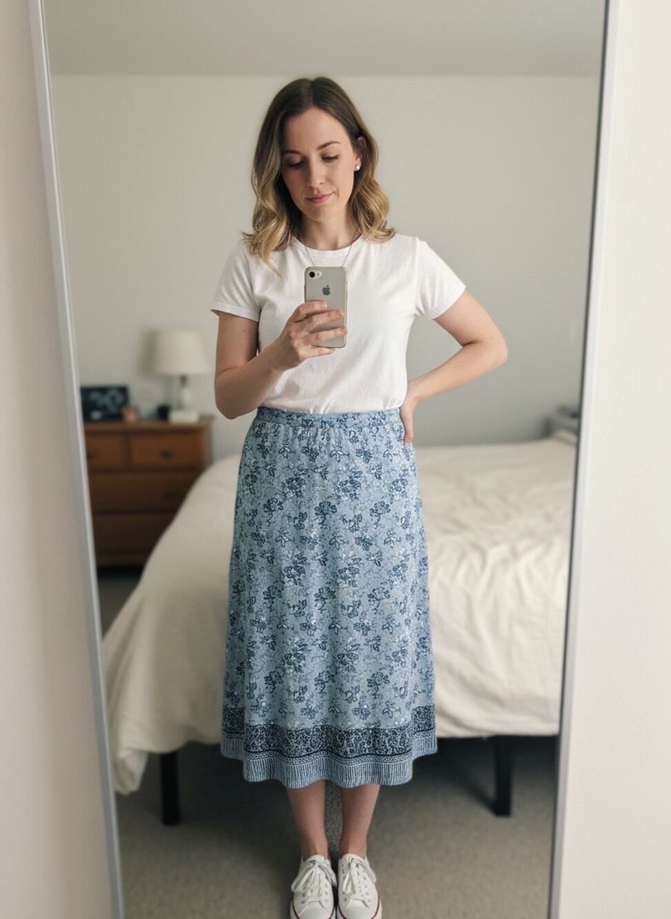 Coldwater Creek Floral Border Print A-Line Midi Skirt in Soft Blue